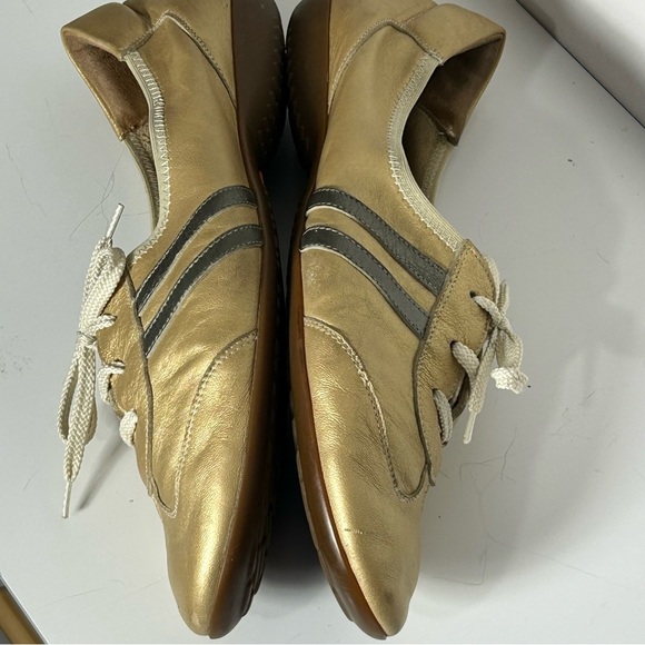 Sesto Meucci Leather Metallic Gold Lace Up Sneakers with Dark Stripes - Picture 9 of 16